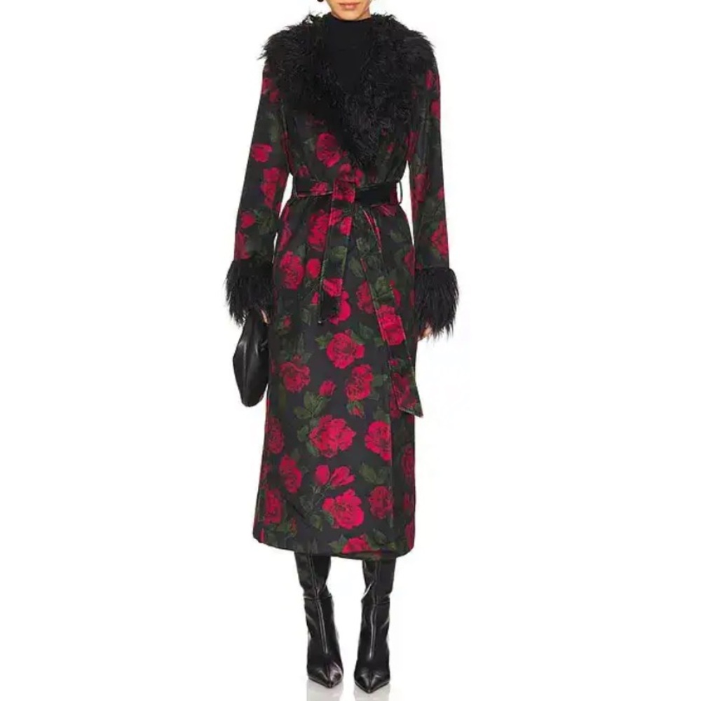 Show Me Your‎ Mumu Elaine Rose Print Faux Fur Belted Penny Lane Afghan Coat XS